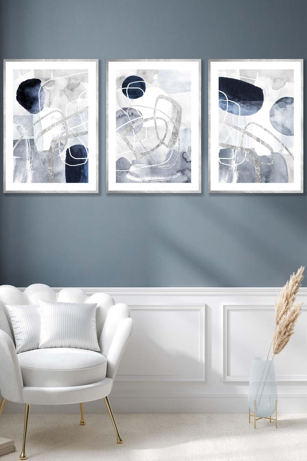 Set of 3 Silver Framed Abstract Navy Blue and Silver Watercolour Shapes Wall Art