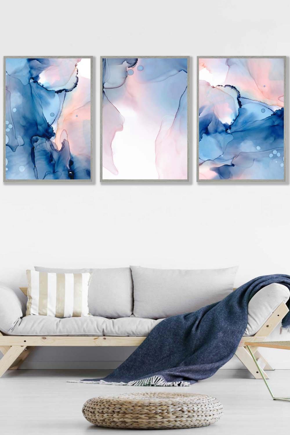 Set of 3 Light Grey Framed Blush Pink and Navy Blue Abstract Ink Wall Art