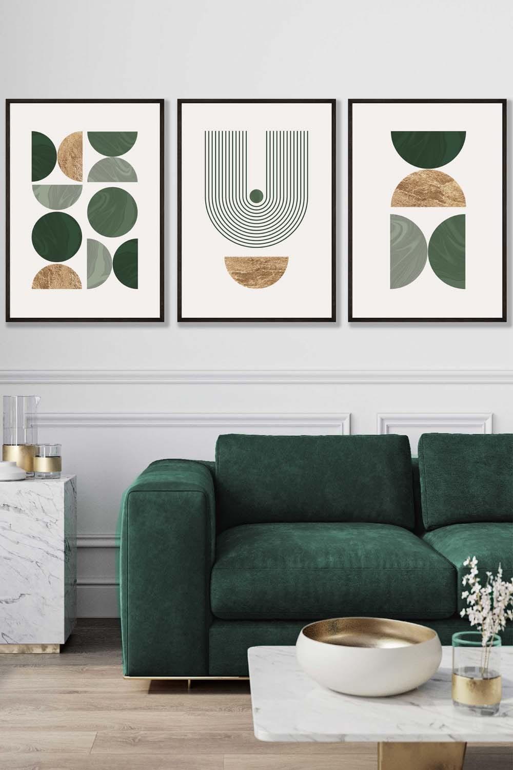 Mid Century Geometric in Green and Gold Framed Wall Art - Large