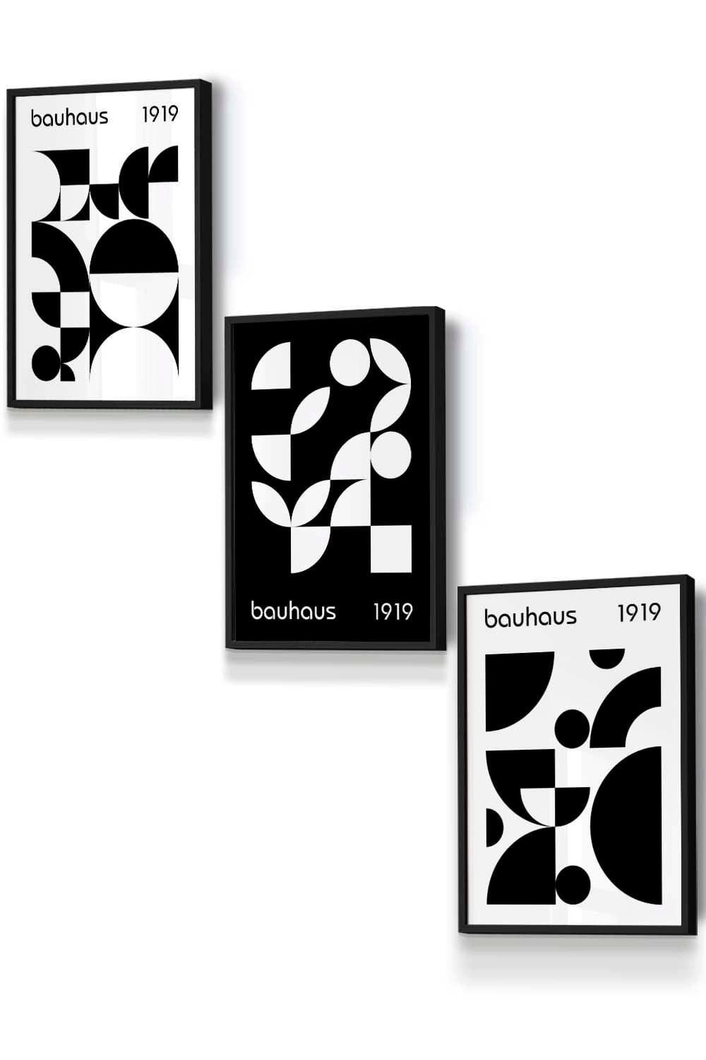 Set of 3 Black Framed Mid Century Bauhaus Black and White Wall Art