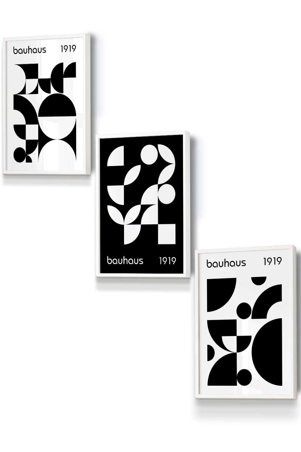Set of 3 White Framed Mid Century Bauhaus Black and White Wall Art