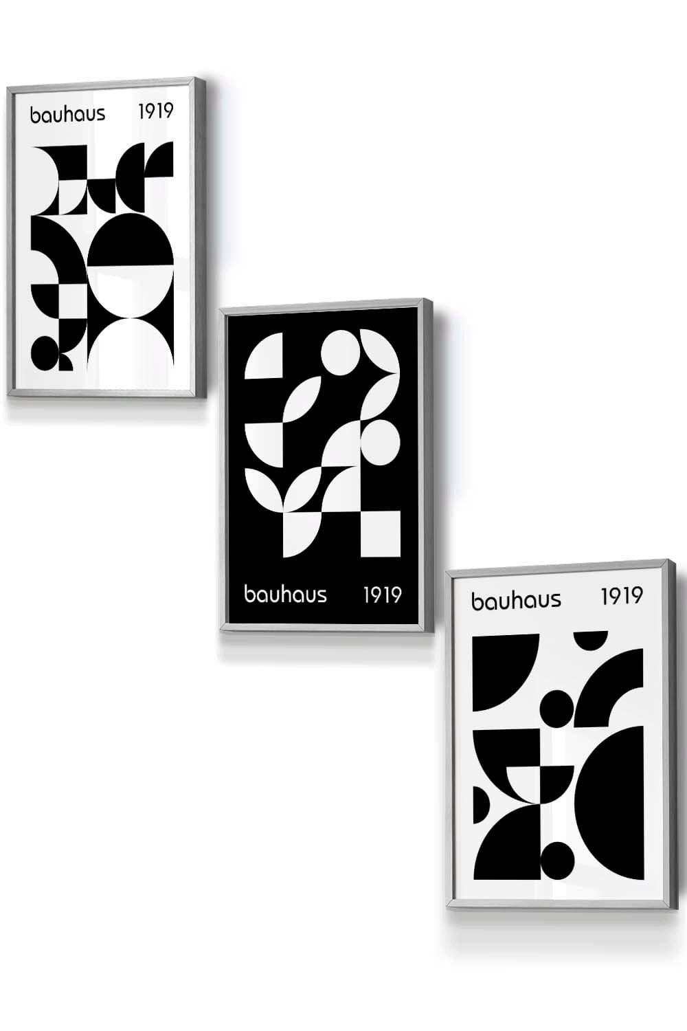 Set of 3 Light Grey Framed Mid Century Bauhaus Black and White Wall Art