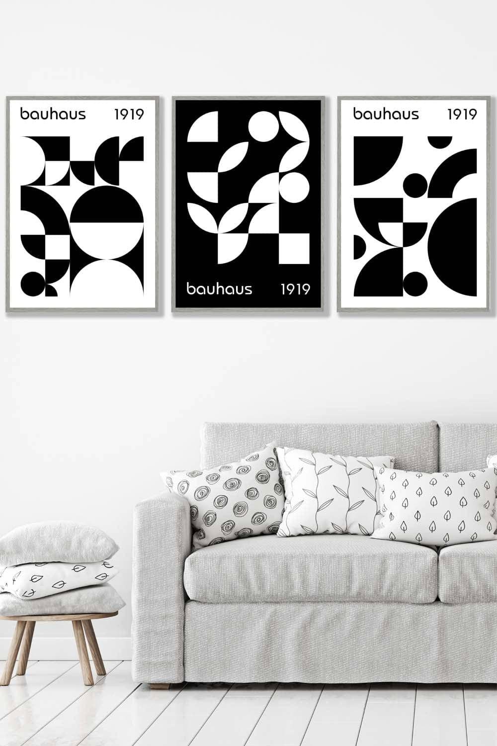 Set of 3 Light Grey Framed Mid Century Bauhaus Black and White Wall Art