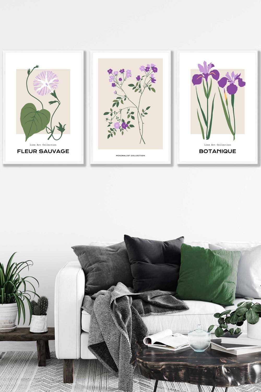 Set of 3 White Framed Vintage Graphical Flower Market Purple Lilac Wall Art
