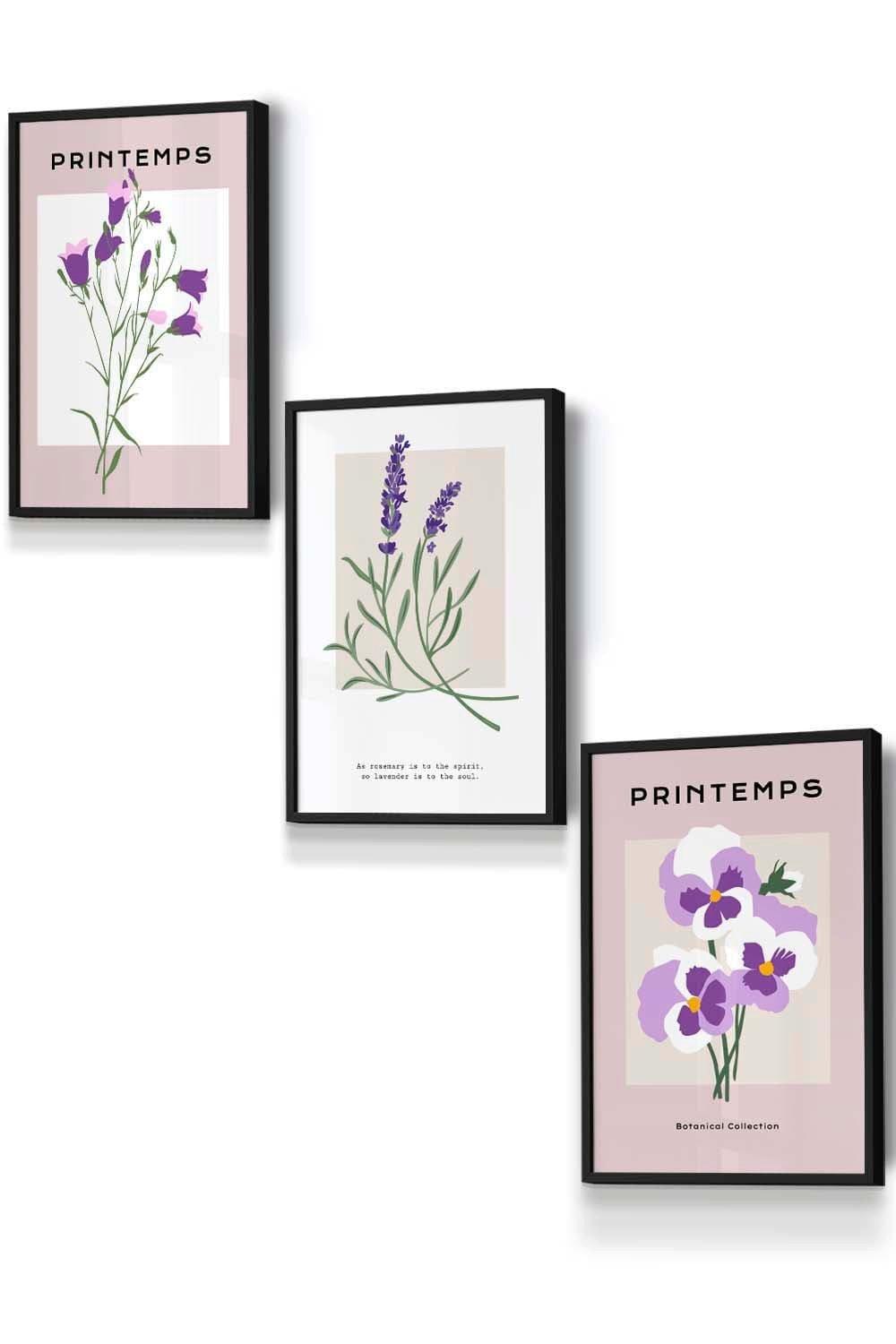 Set of 3 Black Framed Vintage Graphical Lilac Purple Spring Flower Market Wall Art