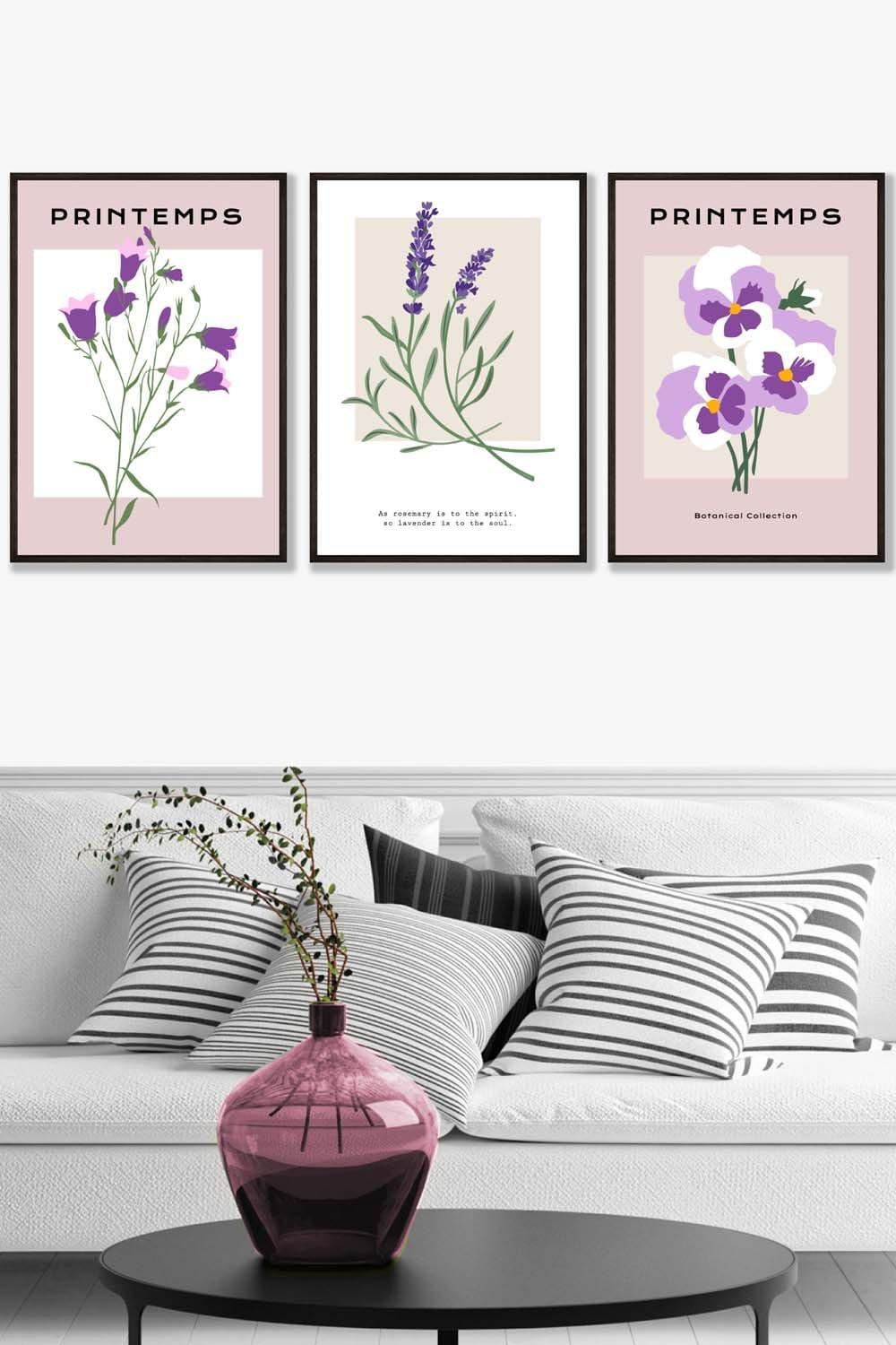 Set of 3 Black Framed Vintage Graphical Lilac Purple Spring Flower Market Wall Art