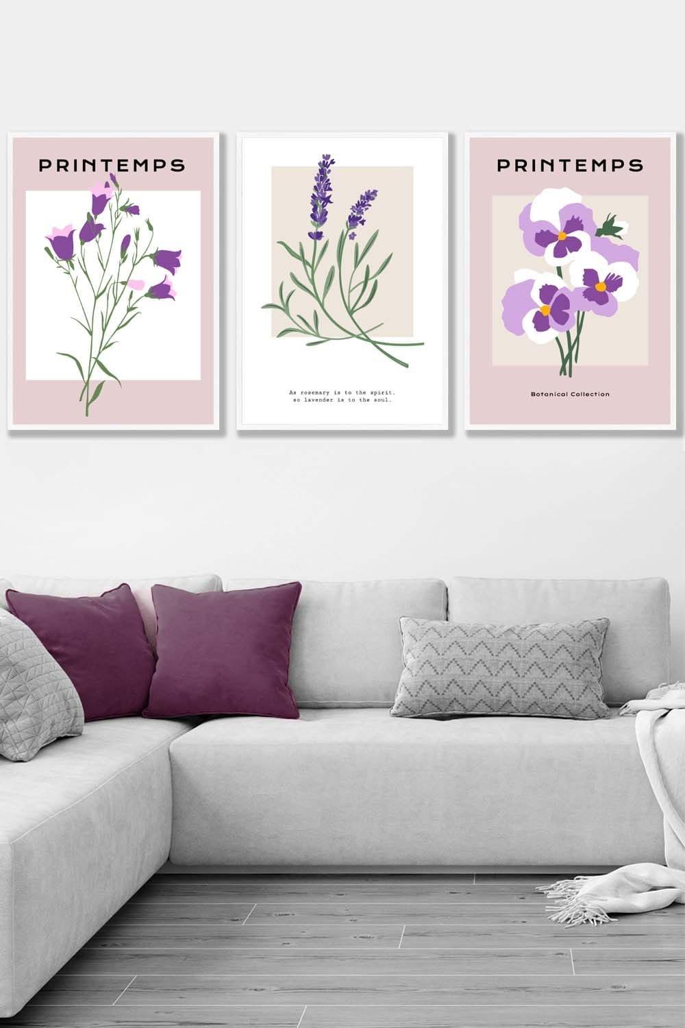 Set of 3 White Framed Vintage Graphical Lilac Purple Spring Flower Market Wall Art