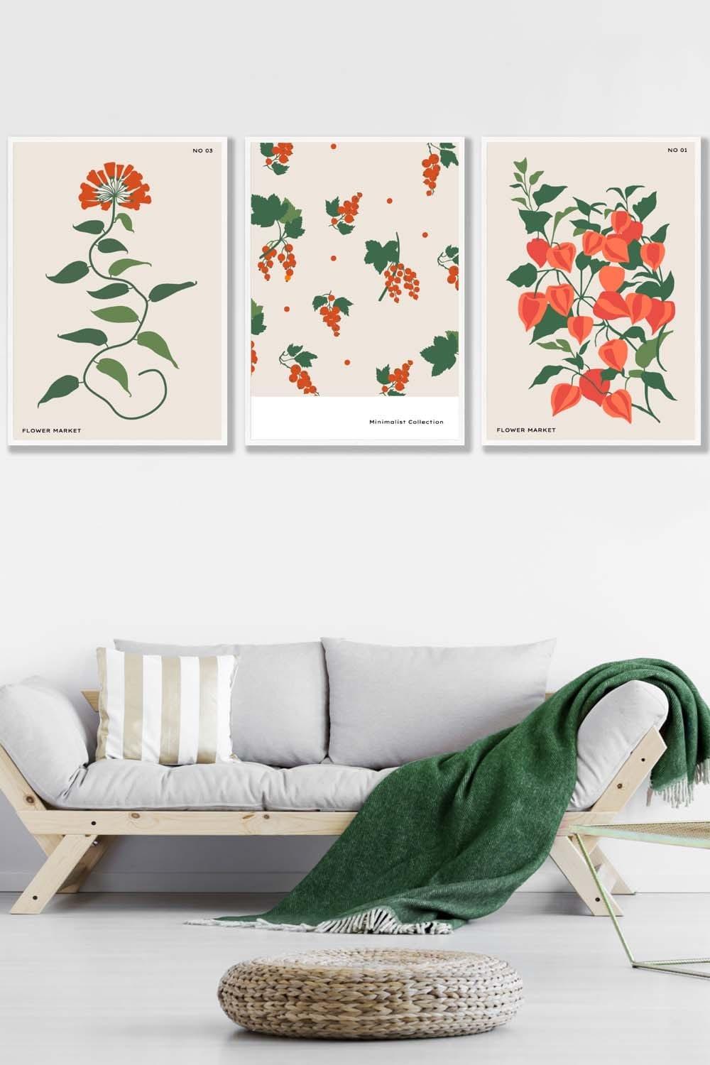Set of 3 White Framed Vintage Graphical Orange Flower Market Wall Art