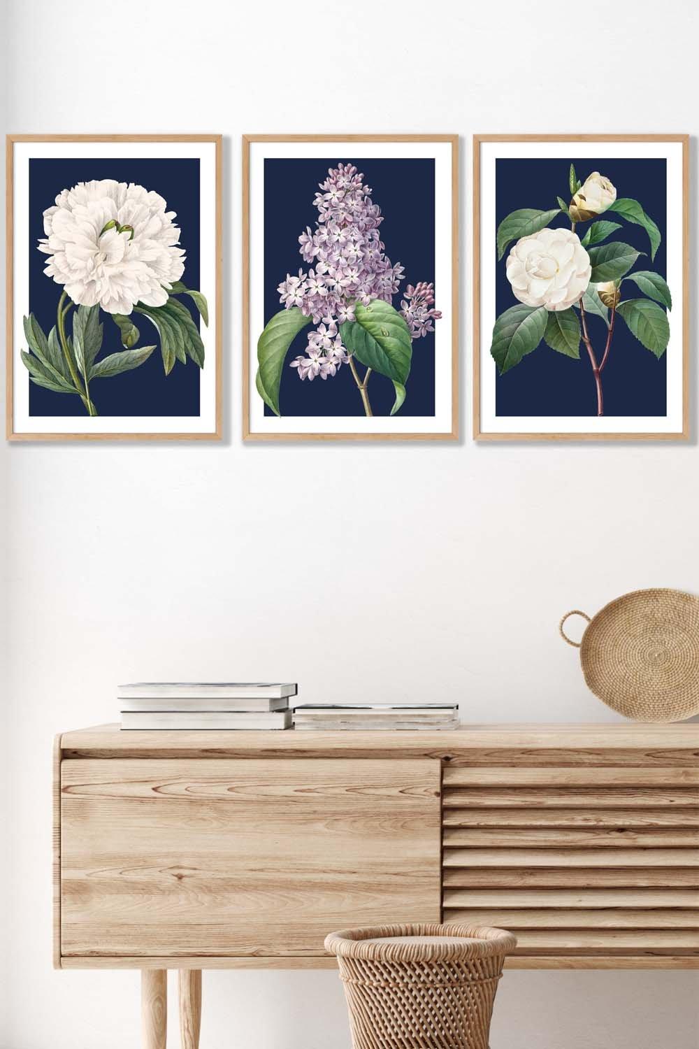 Set of 3 Oak Framed Vintage Flowers Lilac, Peony and Camellia on Navy Blue Wall Art