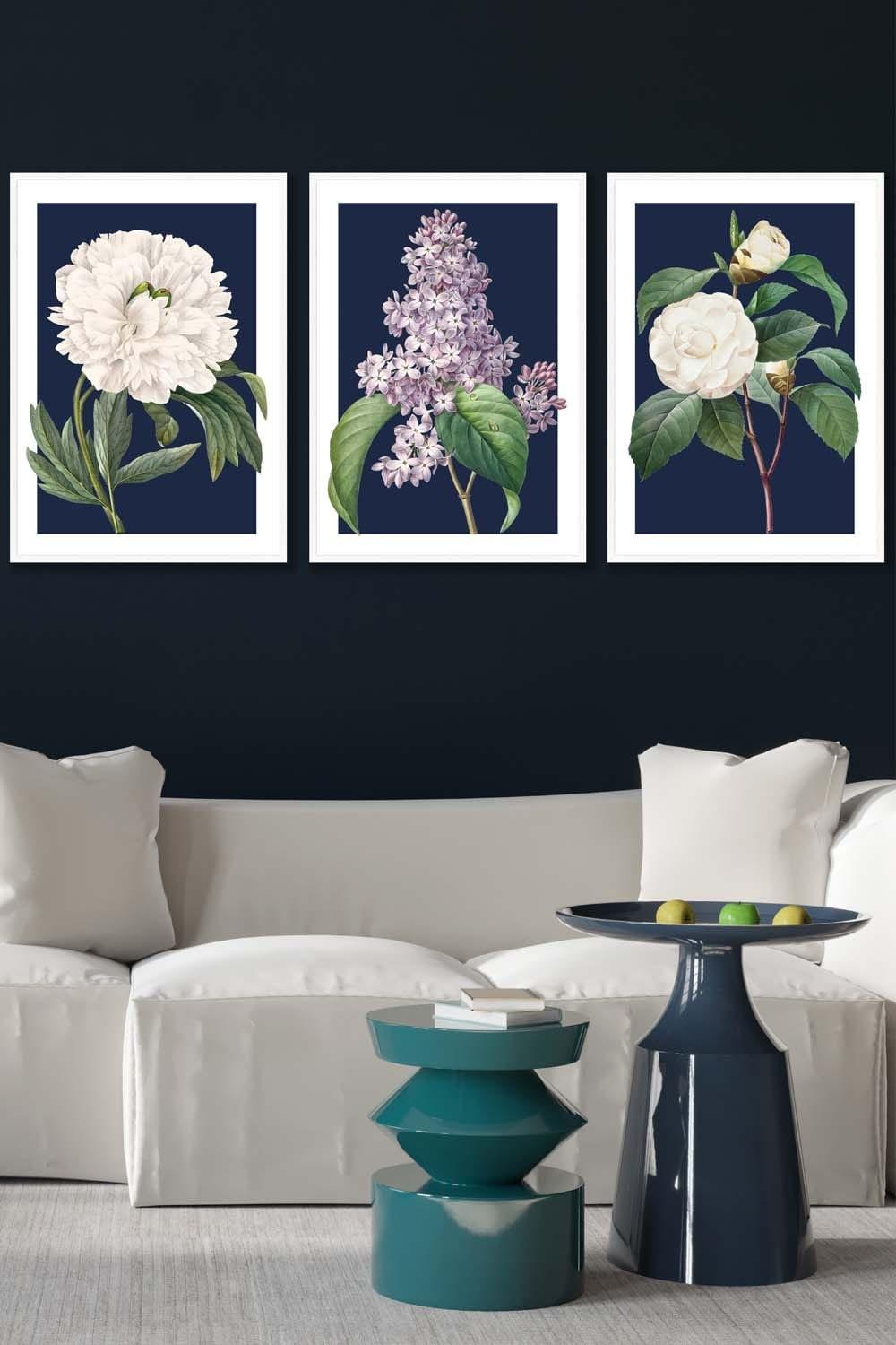 Set of 3 White Framed Vintage Flowers Lilac, Peony and Camellia on Navy Blue Wall Art