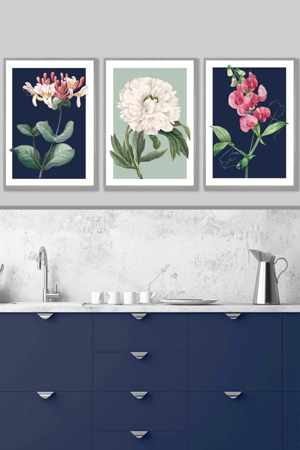 Set of 3 Light Grey Framed Vintage Flowers Honeysuckle Blue and Green Wall Art