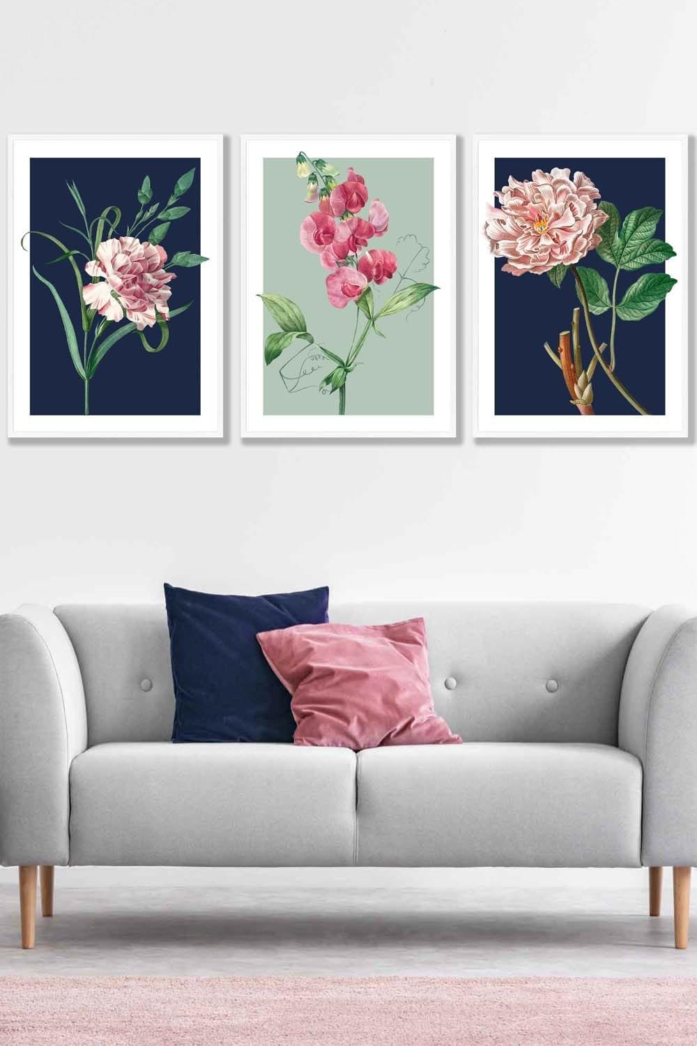 Set of 3 White Framed Vintage Flowers Navy Blue and Sage Green Wall Art