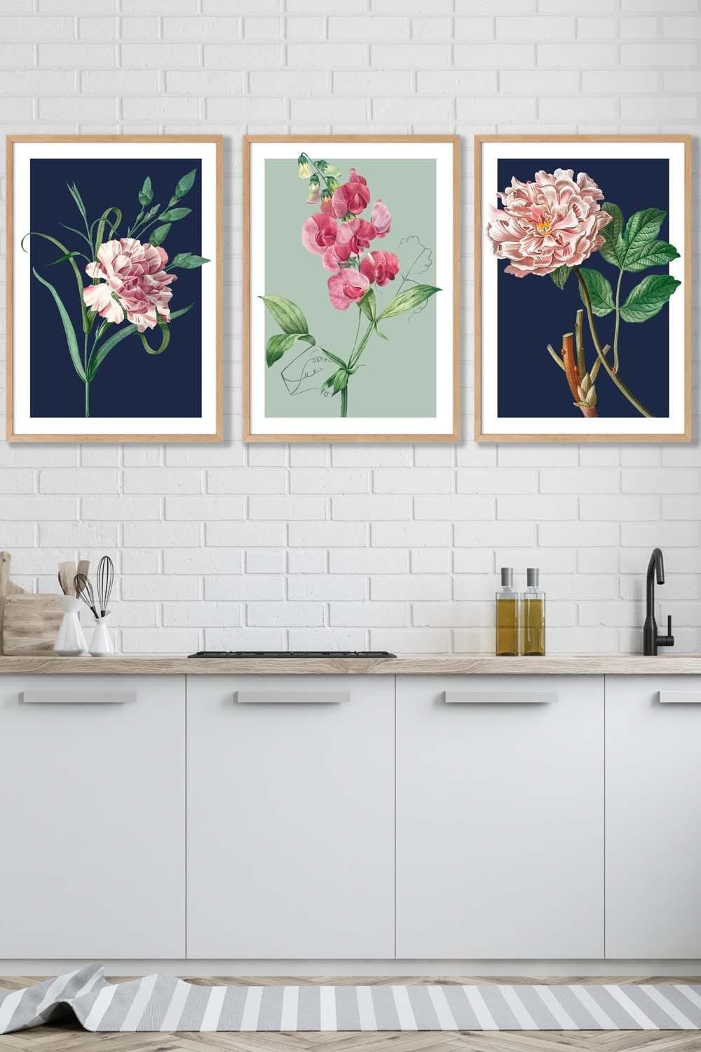 Set of 3 Oak Framed Vintage Flowers Navy Blue and Sage Green Wall Art
