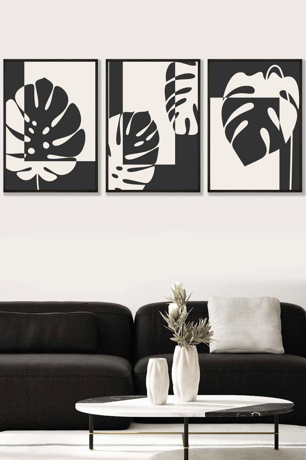 Set of 3 Black Framed Mid Century Monstera in Black and Ivory Wall Art