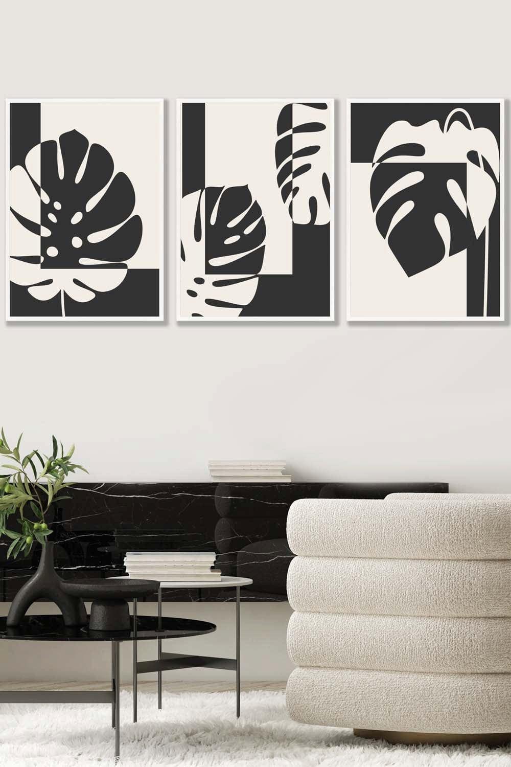 Set of 3 White Framed Mid Century Monstera in Black and Ivory Wall Art