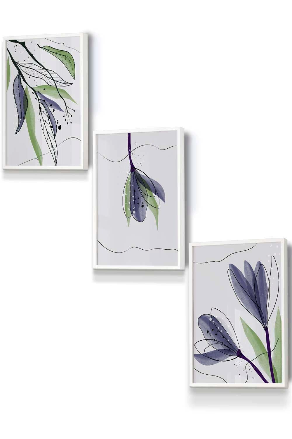 Set of 3 White Framed Graphical Line Art Spring Tulips Wall Art
