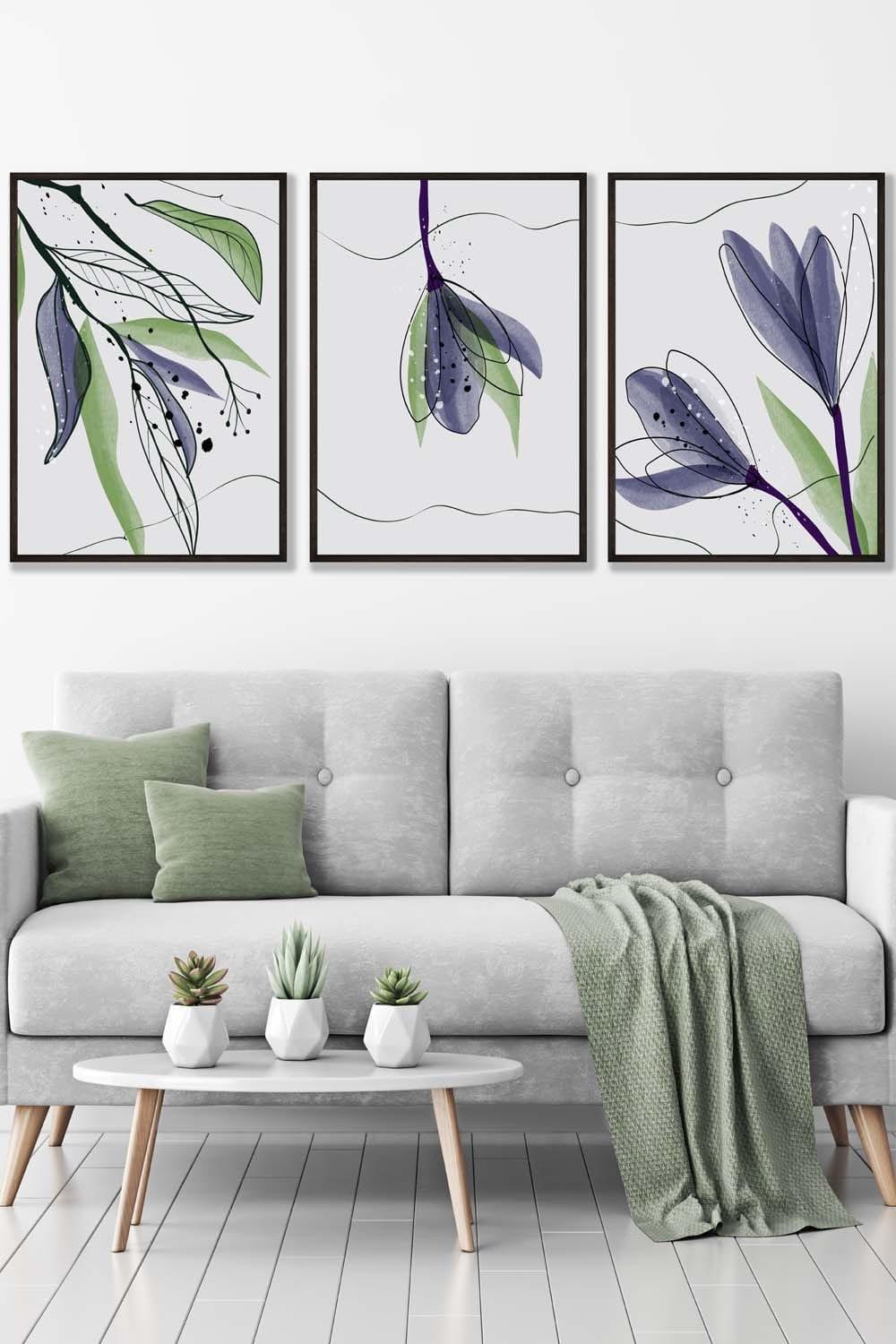 Set of 3 Black Framed Graphical Line Art Spring Tulips Wall Art