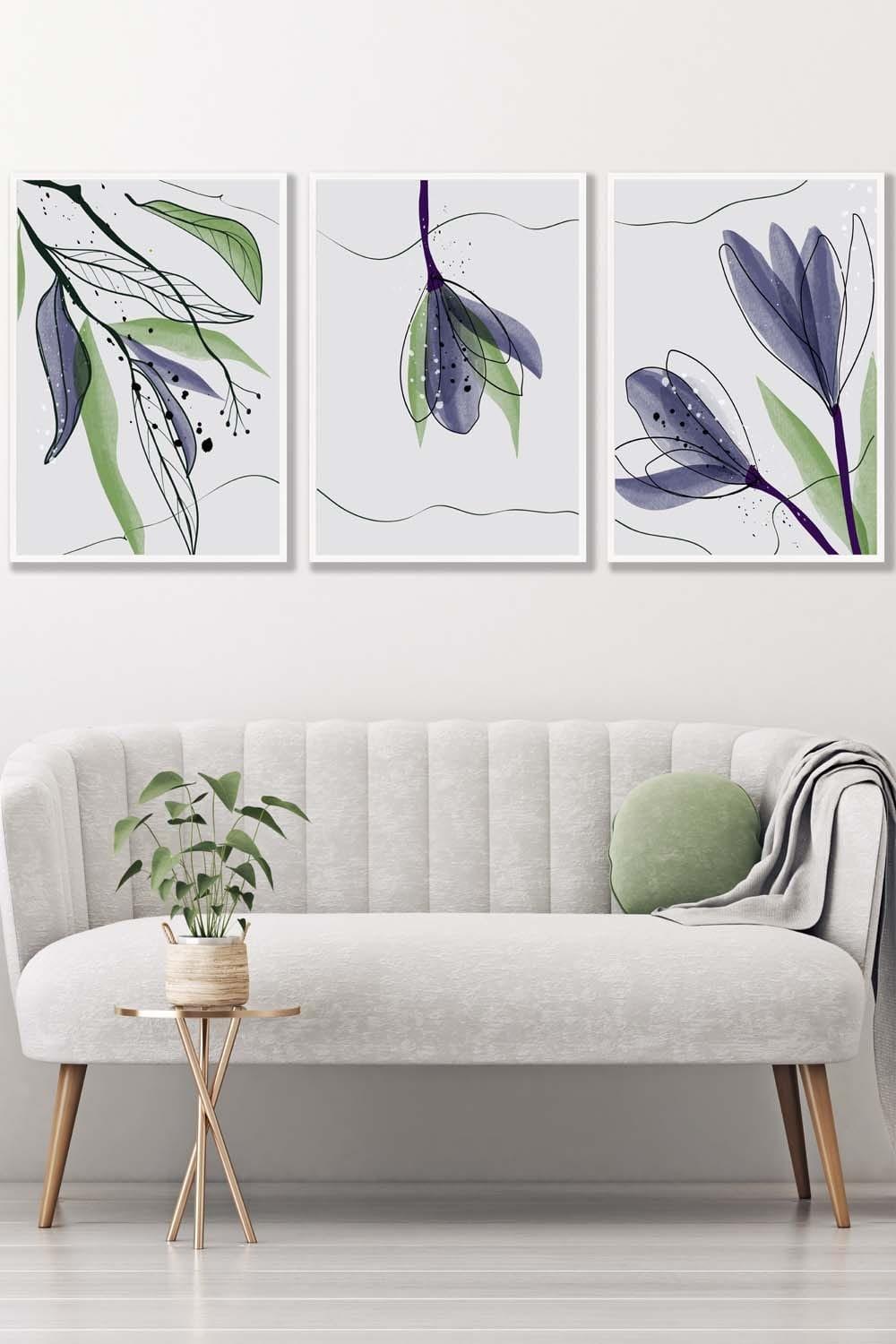 Set of 3 White Framed Graphical Line Art Spring Tulips Wall Art