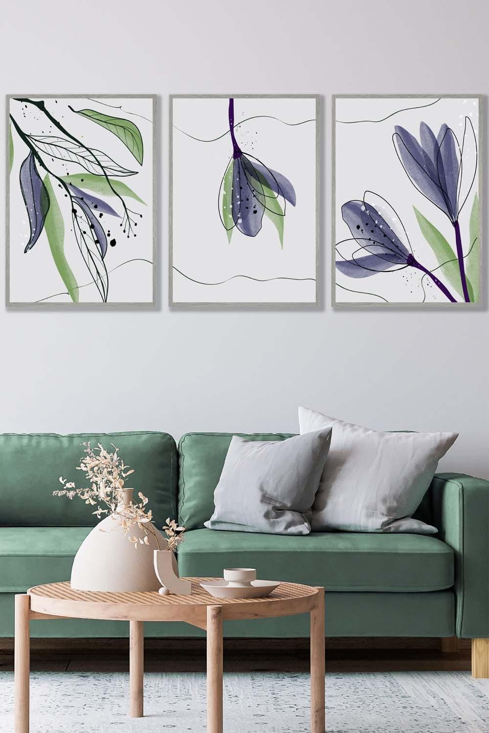 Set of 3 Light Grey Framed Graphical Line Art Spring Tulips Wall Art
