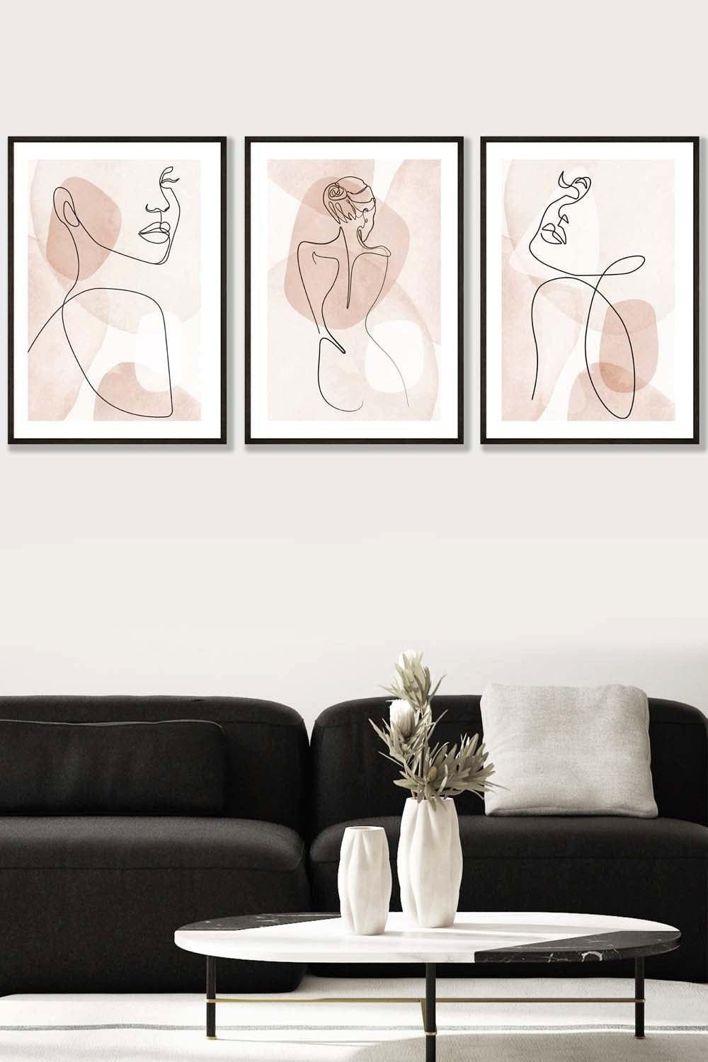 Set of 3 Black Framed Coral Pink Abstract Line Art Female Wall Art