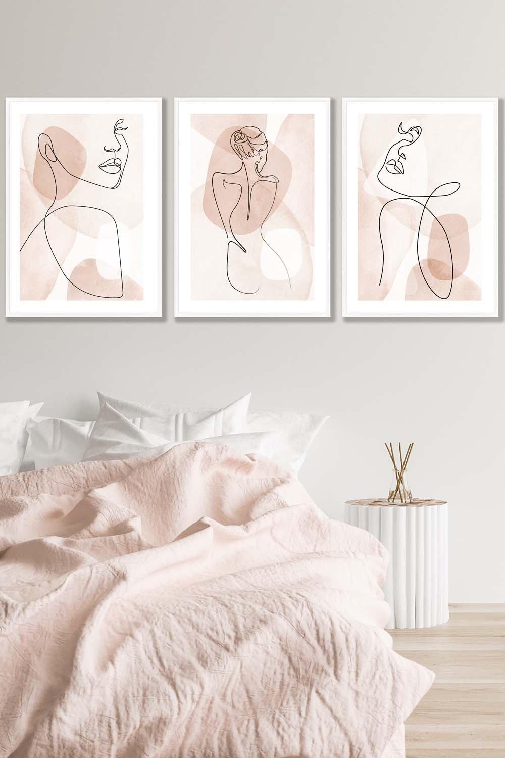 Set of 3 White Framed Coral Pink Abstract Line Art Female Wall Art