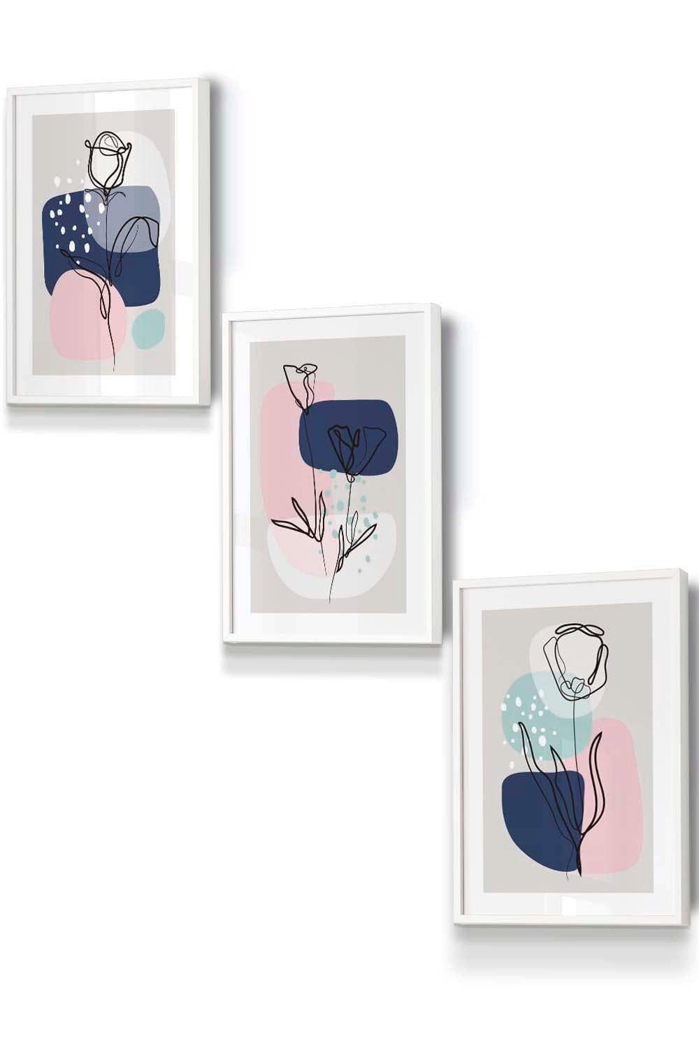 Set of 3 White Framed Line Art Spring Flowers on Navy Pink Boho Shapes Wall Art