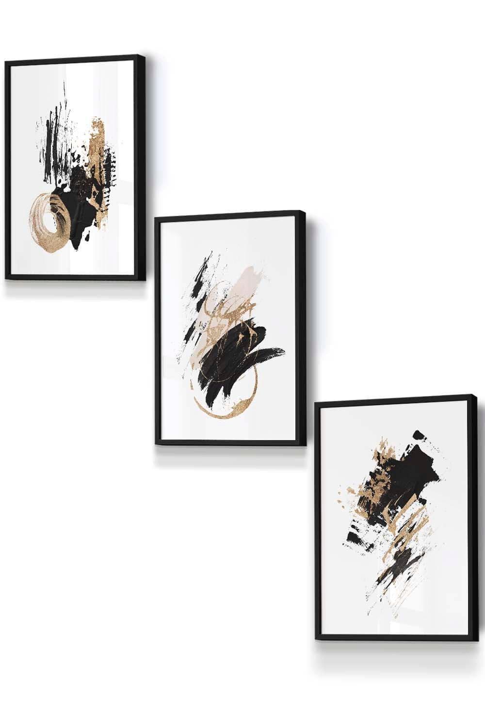 Set of 3 Black Framed  Abstract Black Ivory and Gold Oil Strokes Wall Art