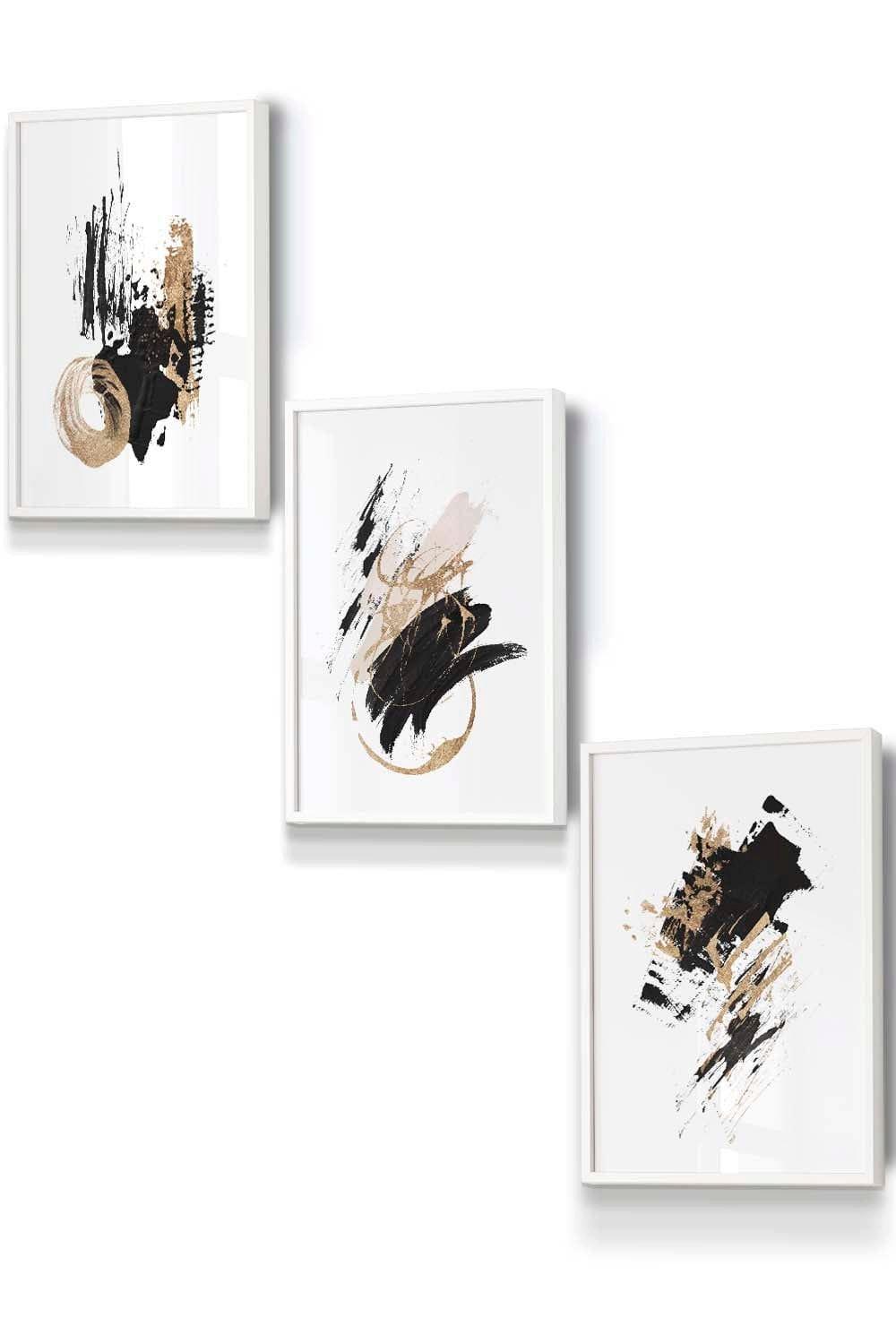 Set of 3 White Framed  Abstract Black Ivory and Gold Oil Strokes Wall Art