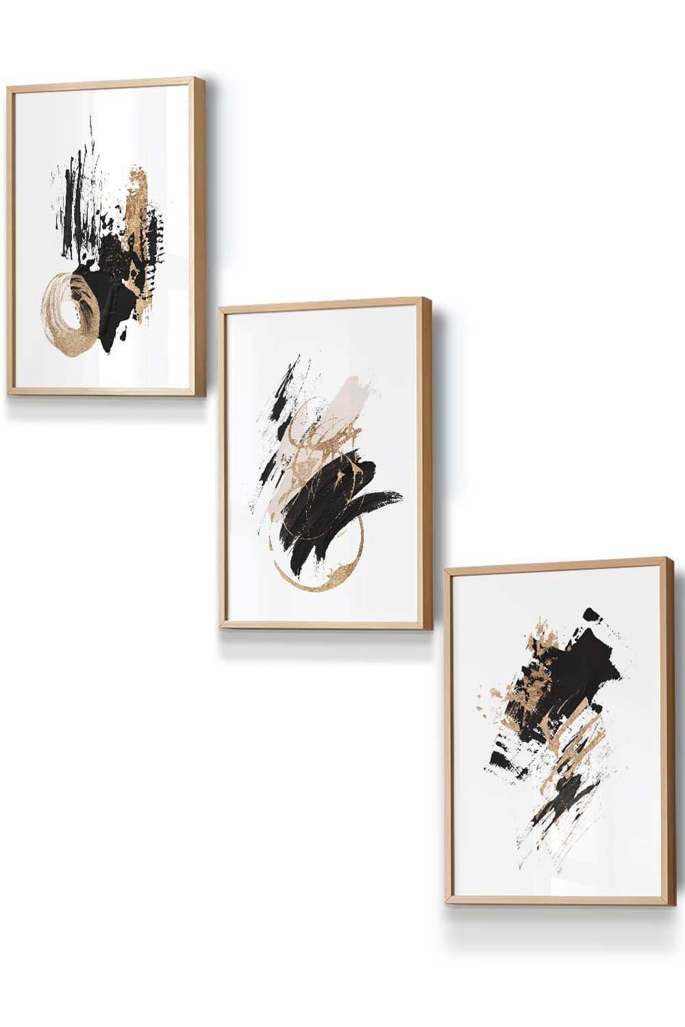 Set of 3 Oak Framed  Abstract Black Ivory and Gold Oil Strokes Wall Art