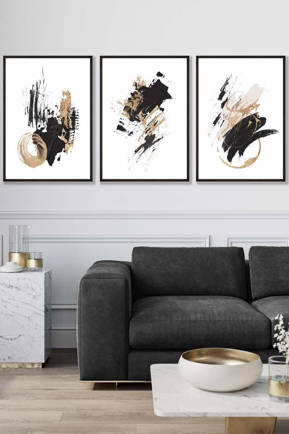 Set of 3 Black Framed  Abstract Black Ivory and Gold Oil Strokes Wall Art