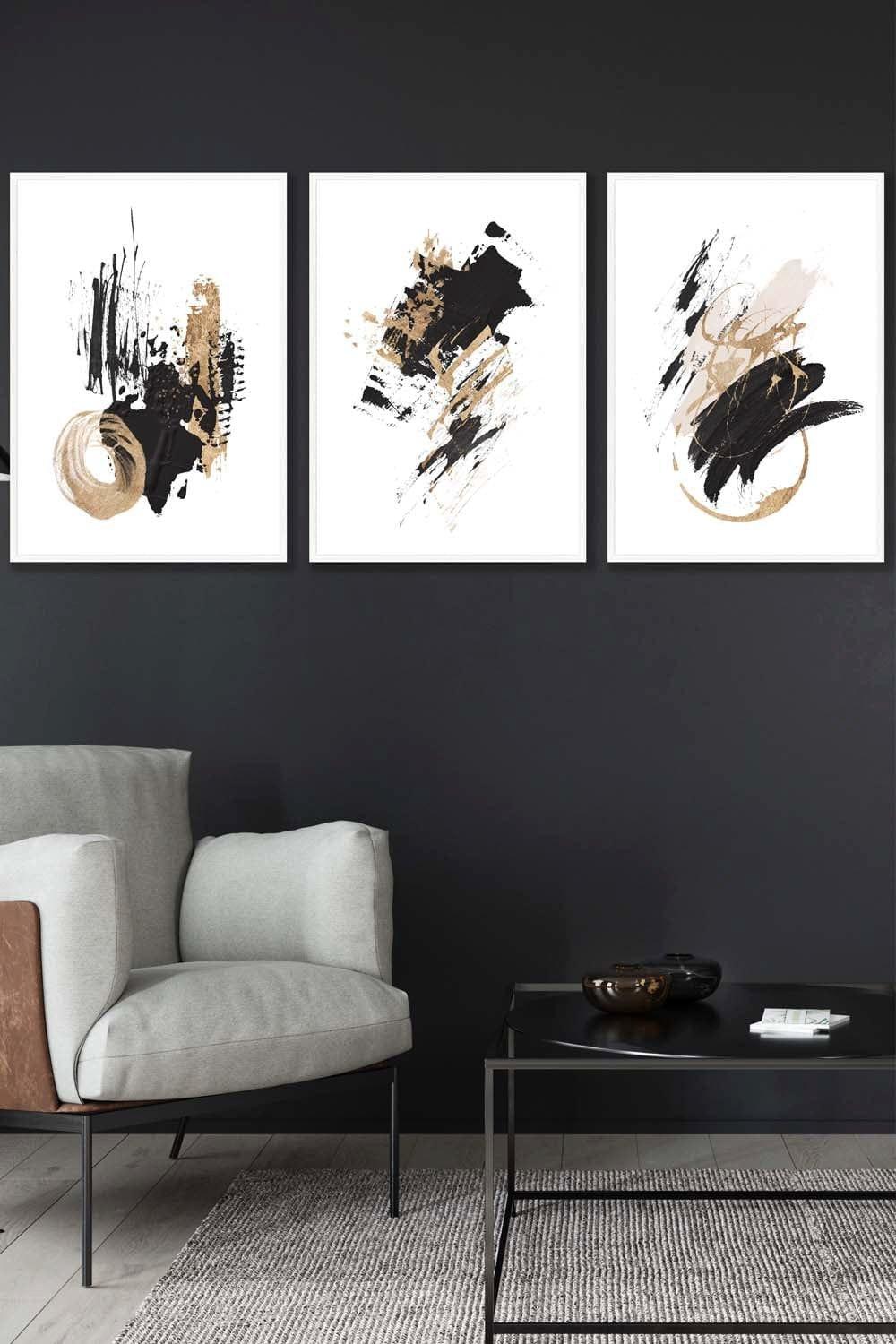 Set of 3 White Framed  Abstract Black Ivory and Gold Oil Strokes Wall Art