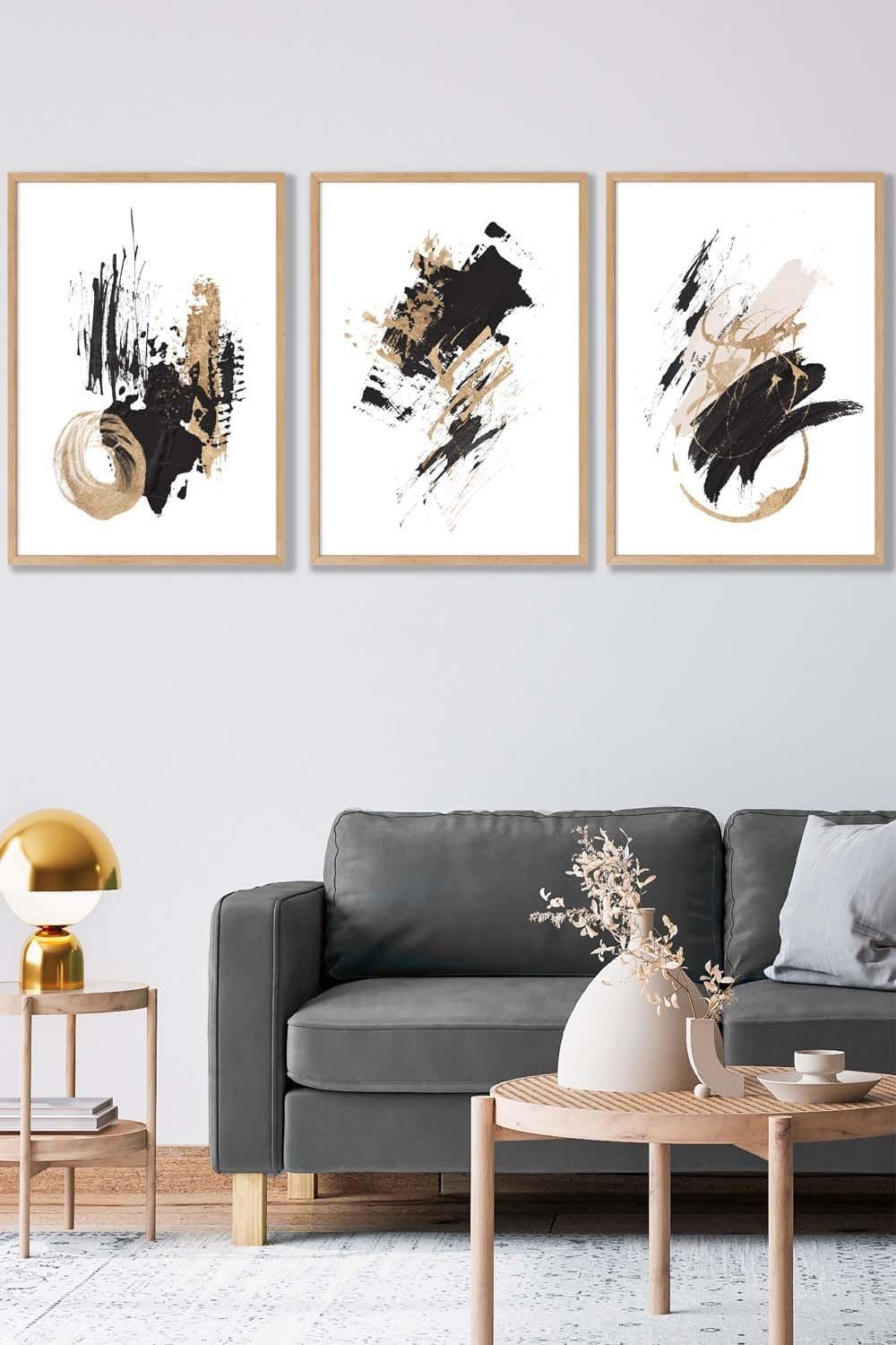 Set of 3 Oak Framed  Abstract Black Ivory and Gold Oil Strokes Wall Art