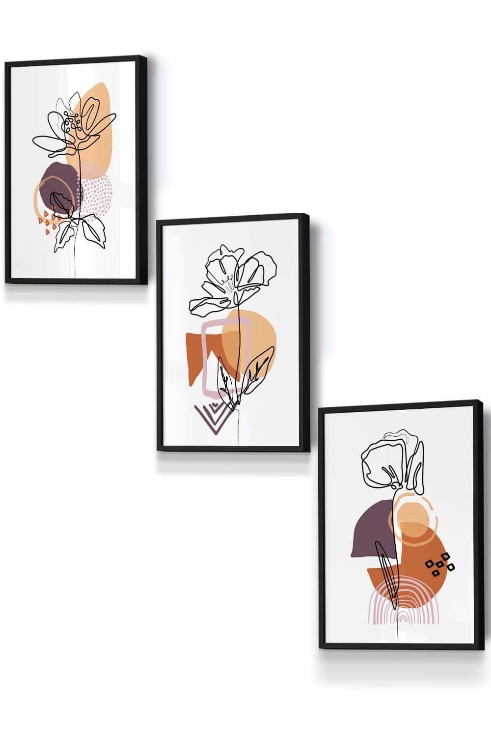 Set of 3 Black Framed Line Art Flowers on Purple Orange Boho Shapes Wall Art