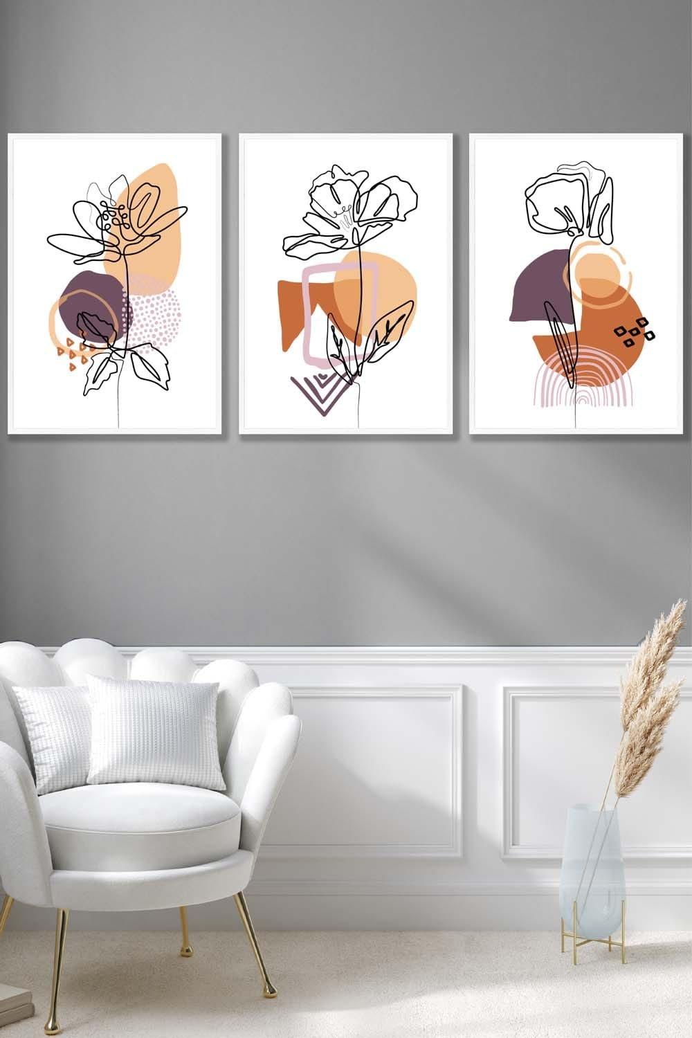 Set of 3 White Framed Line Art Flowers on Purple Orange Boho Shapes Wall Art
