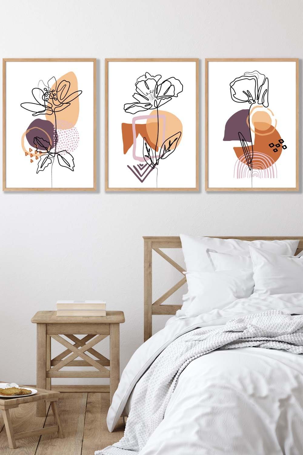 Set of 3 Oak Framed Line Art Flowers on Purple Orange Boho Shapes Wall Art