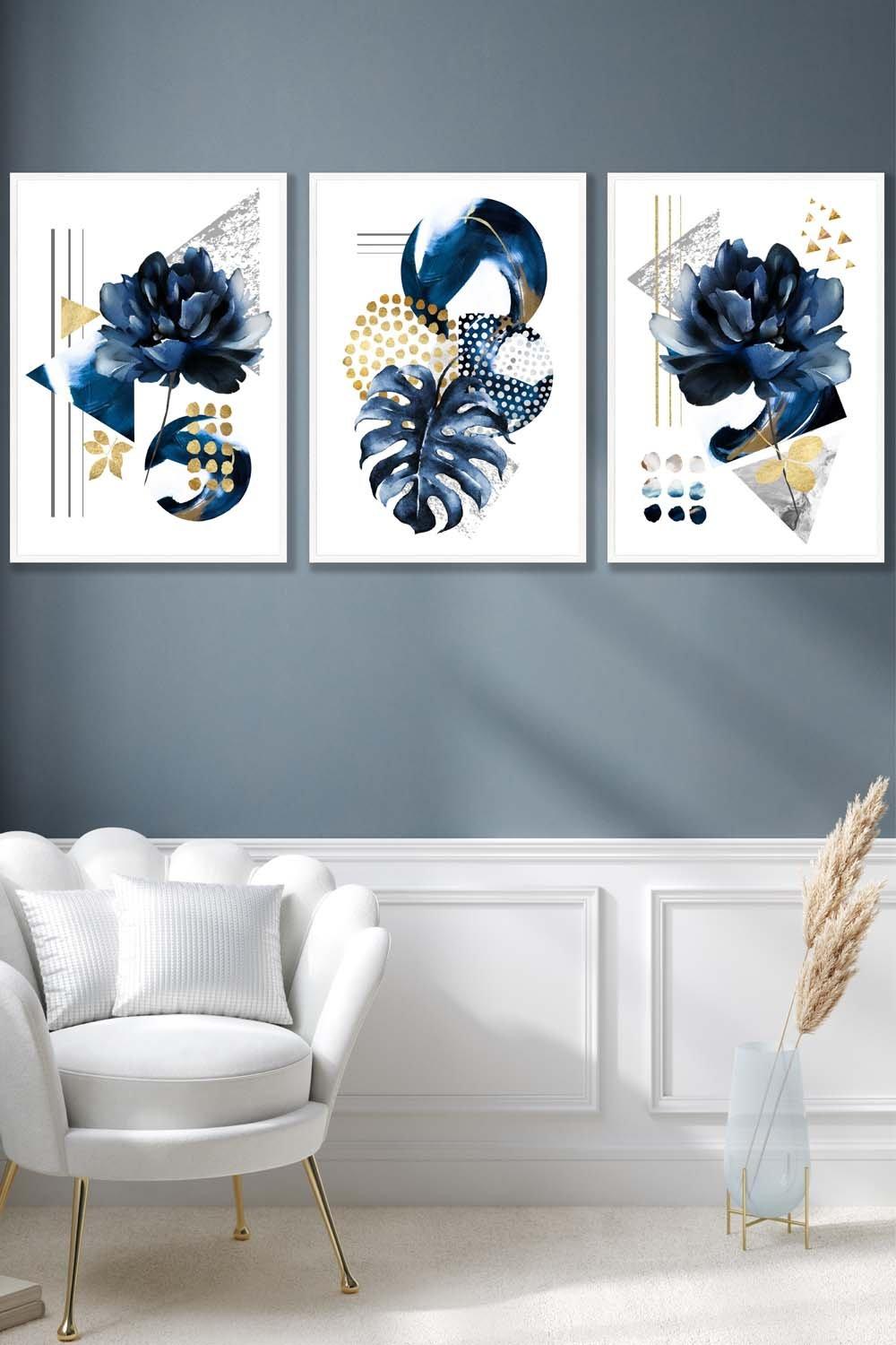 Set of 3 White Framed Abstract Blue and Gold Botanical Wall Art