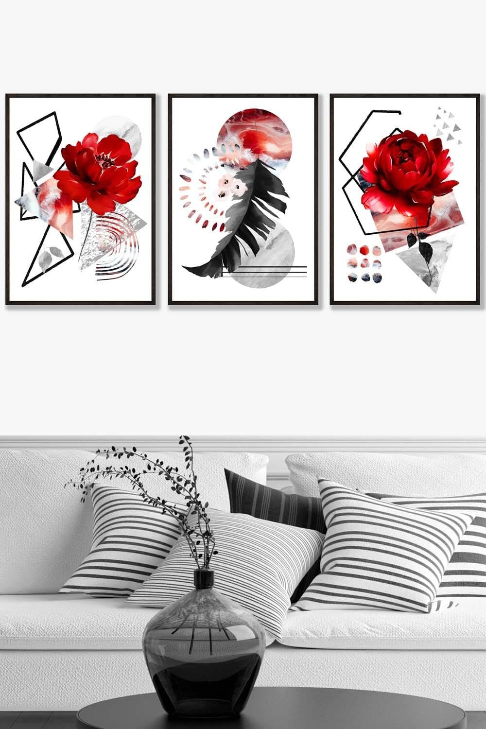 Set of 3 Black Framed Abstract Red and Black Botanical Wall Art