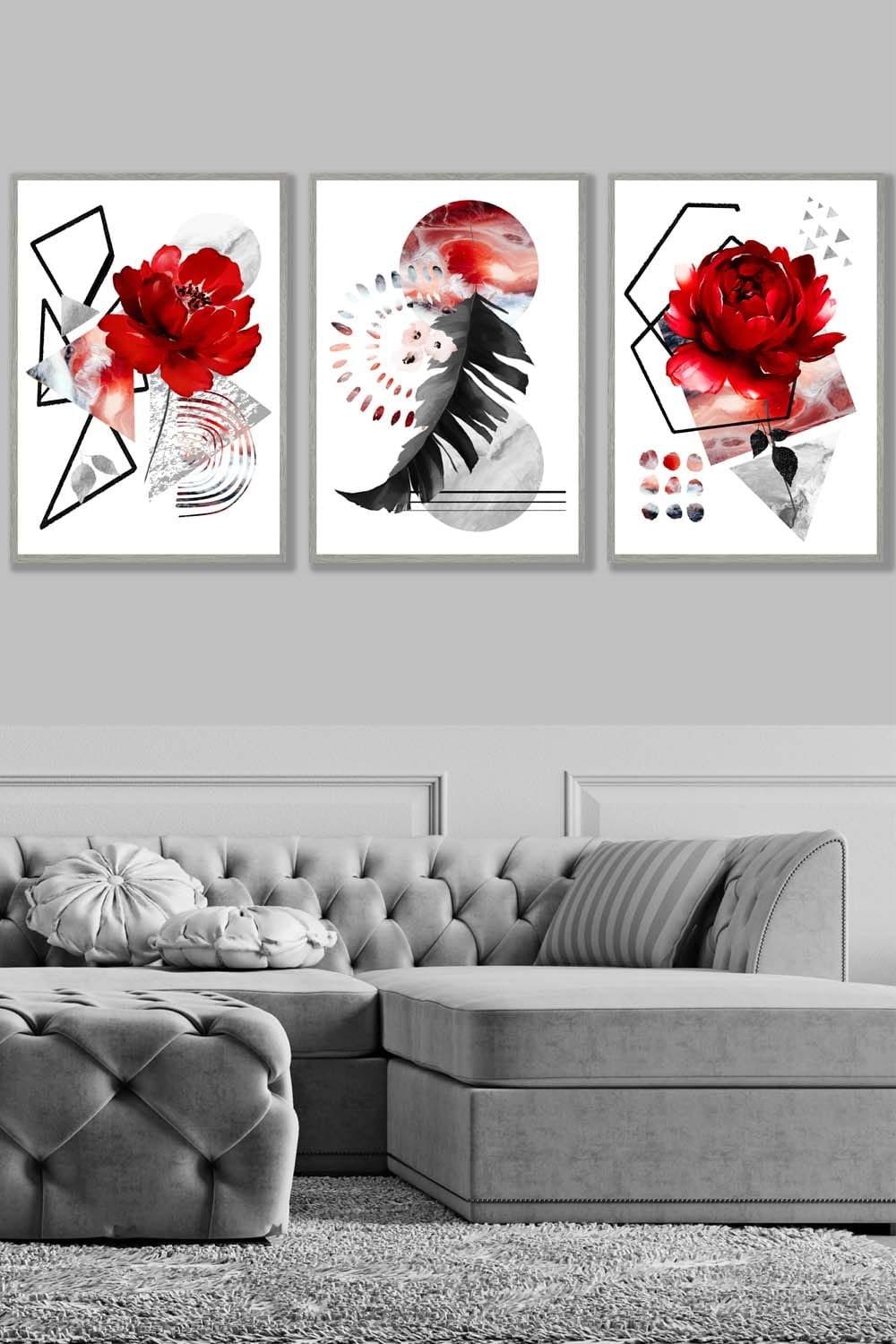 Set of 3 Light Grey Framed Abstract Red and Black Botanical Wall Art