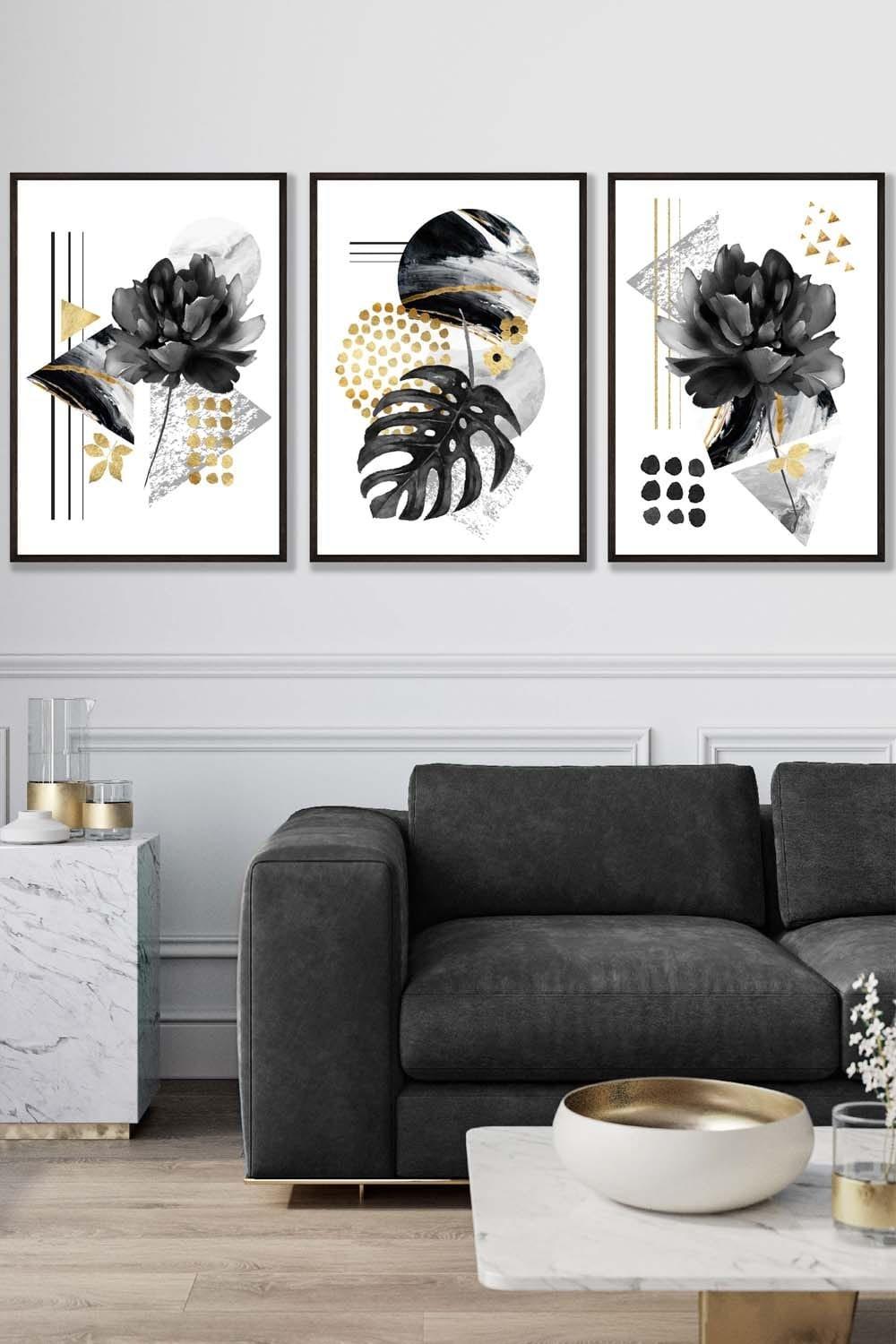 Set of 3 Black Framed Abstract Black and Gold Botanical Wall Art