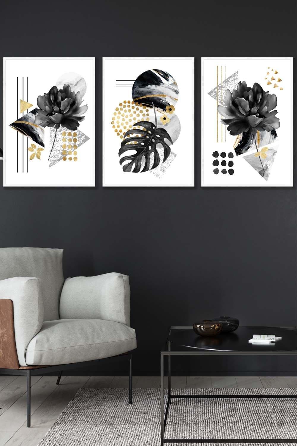 Set of 3 White Framed Abstract Black and Gold Botanical Wall Art