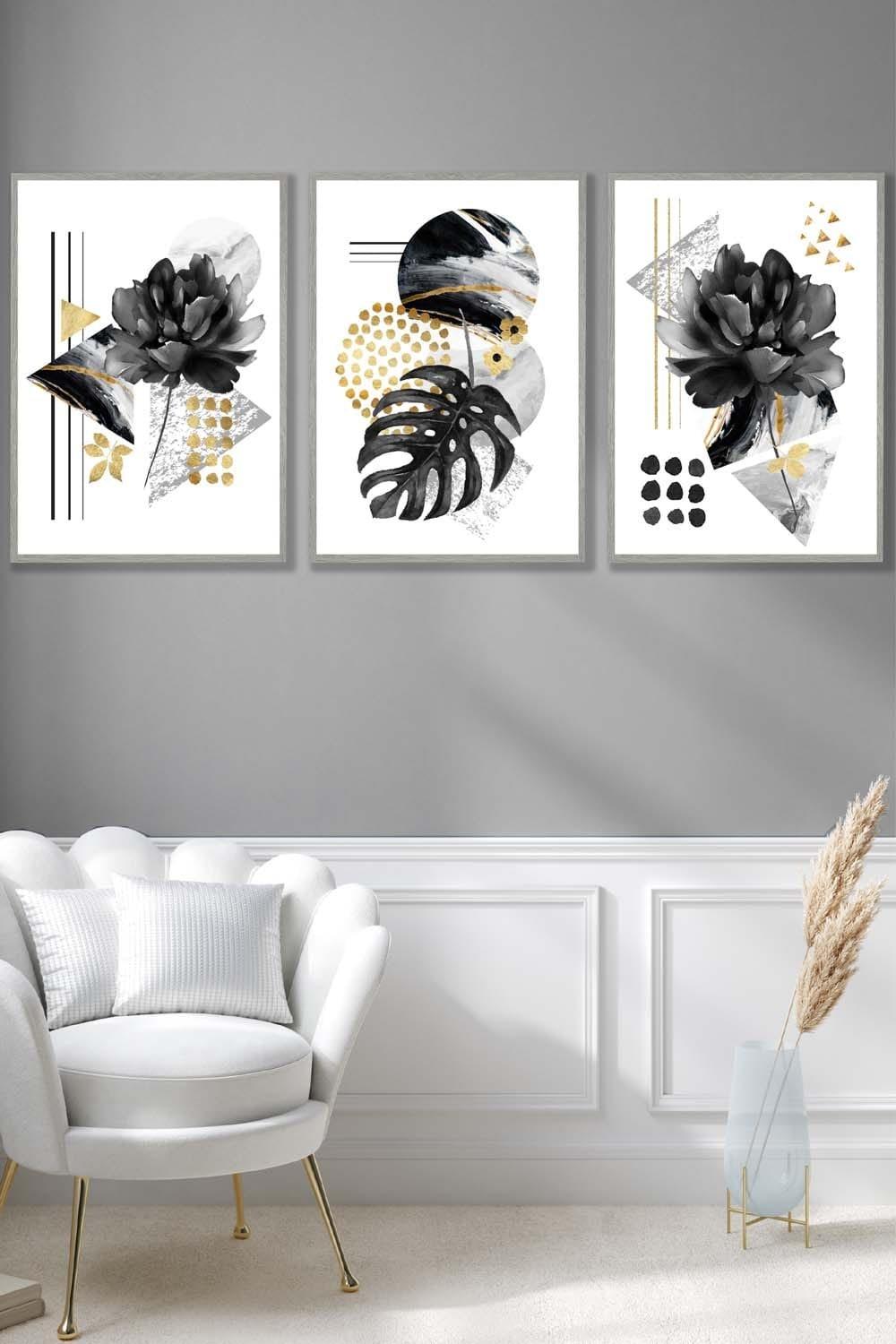 Set of 3 Light Grey Framed Abstract Black and Gold Botanical Wall Art