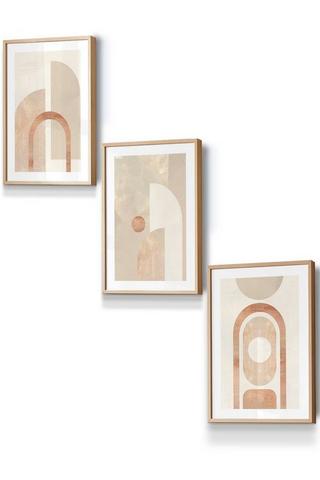 Product Set of 3 Oak Framed Mid Century Beige and Terracotta Arches Wall Art Terracotta