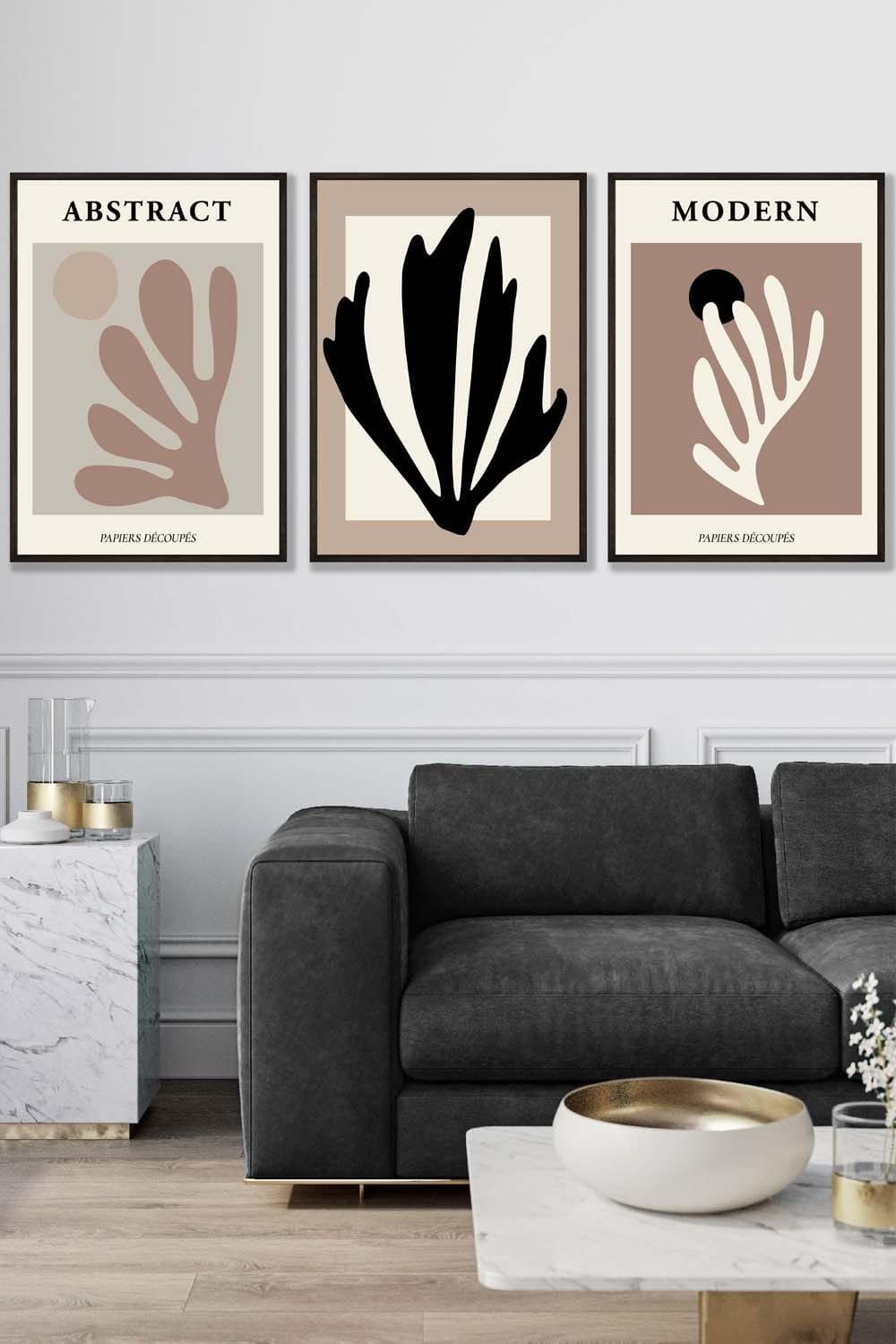 Set of 3 Black Framed Matisse Style Floral Cut Out Browns & Black Wall Art