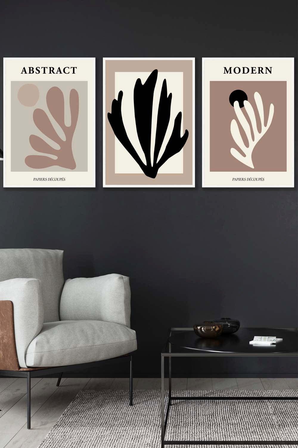 Set of 3 White Framed Matisse Style Floral Cut Out Browns & Black Wall Art