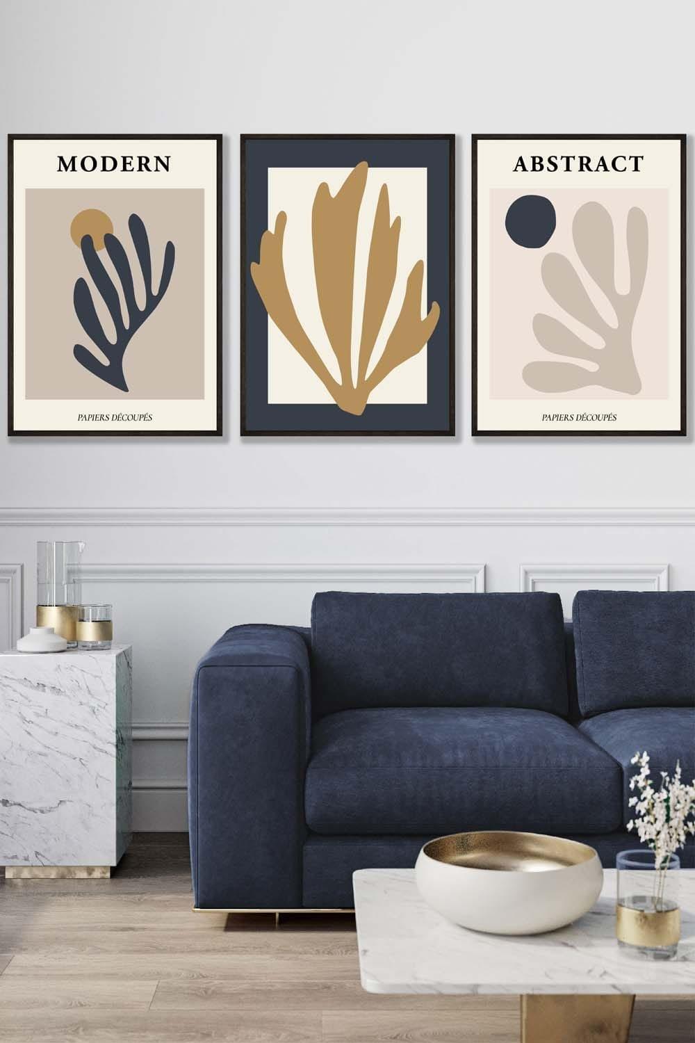 Set of 3 Black Framed Matisse Style Floral Cut Out Navy & Yellow Wall Art