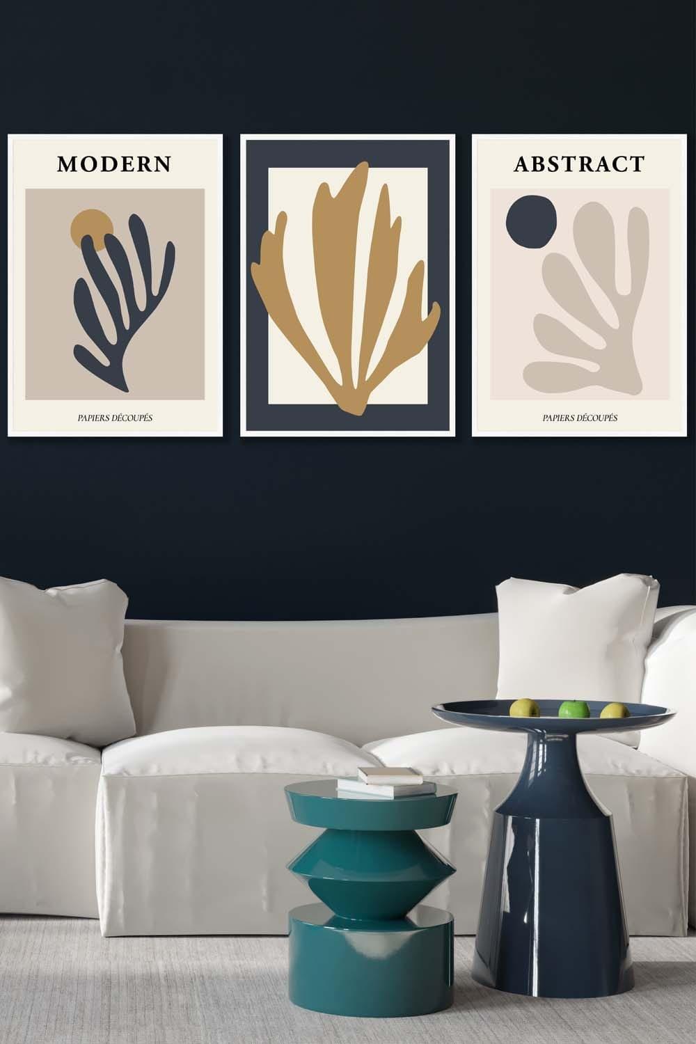 Set of 3 White Framed Matisse Style Floral Cut Out Navy & Yellow Wall Art