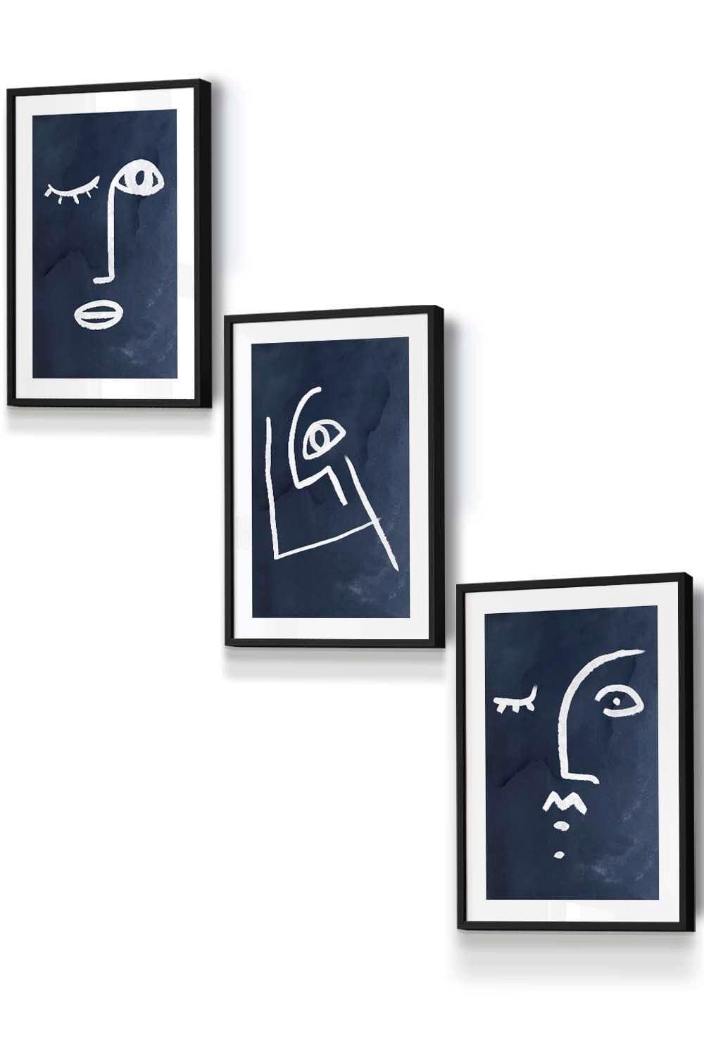Set of 3 Black Framed Navy and White Abstract Line Art Faces Wall Art