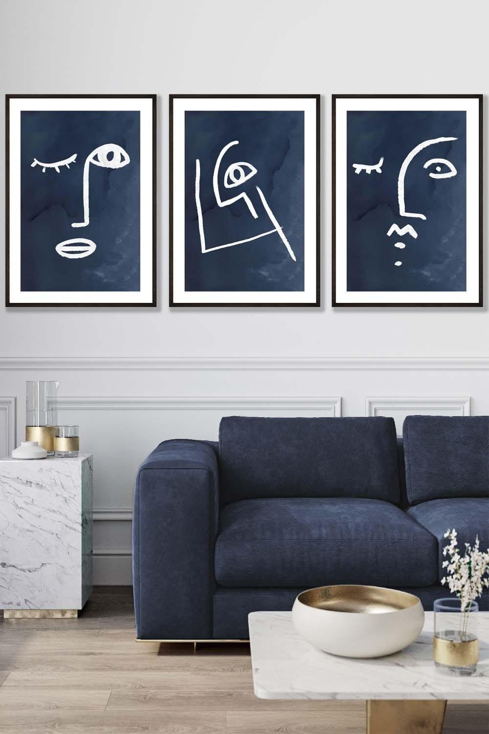 Set of 3 Black Framed Navy and White Abstract Line Art Faces Wall Art