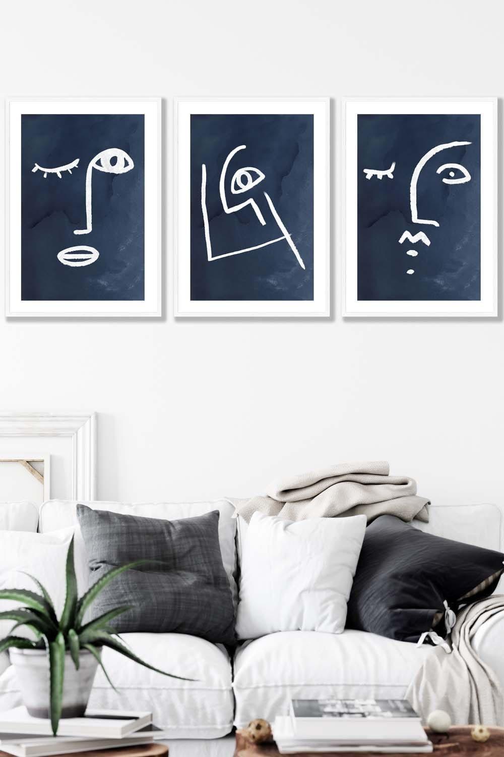 Set of 3 White Framed Navy and White Abstract Line Art Faces Wall Art