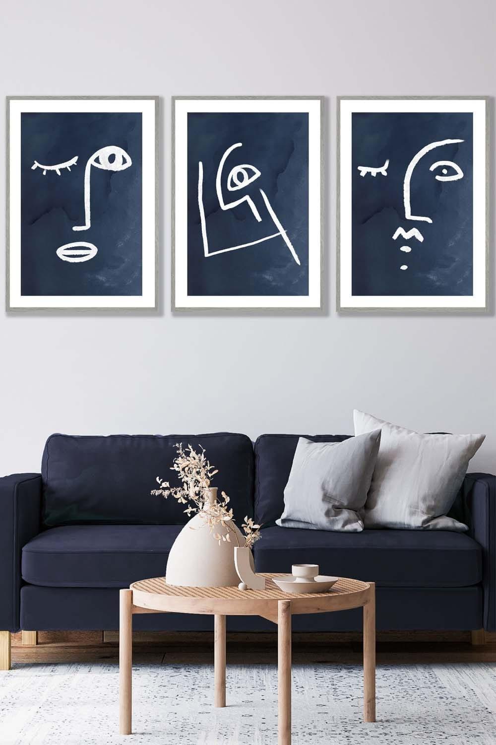 Set of 3 Light Grey Framed Navy and White Abstract Line Art Faces Wall Art
